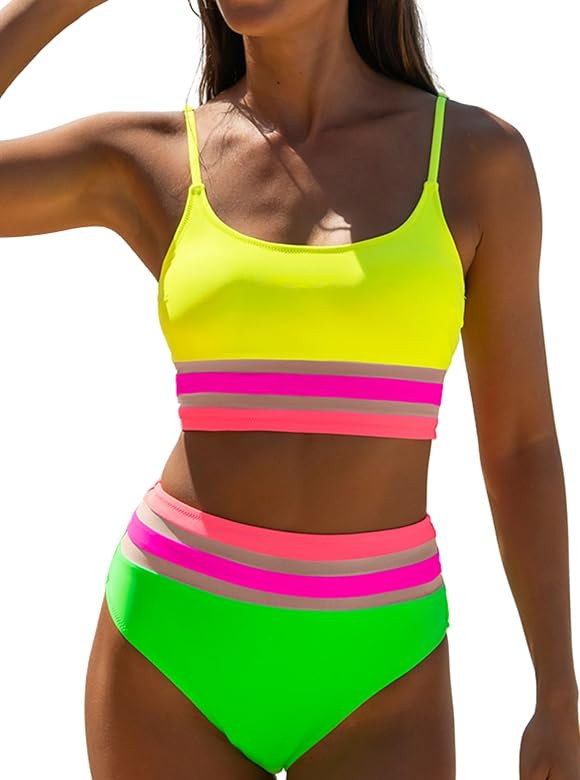 popvil High Waisted Bikini Set for Women Sporty Two Piece Swimsuits Neon Mesh Cute Bathing Suit | Amazon (US)