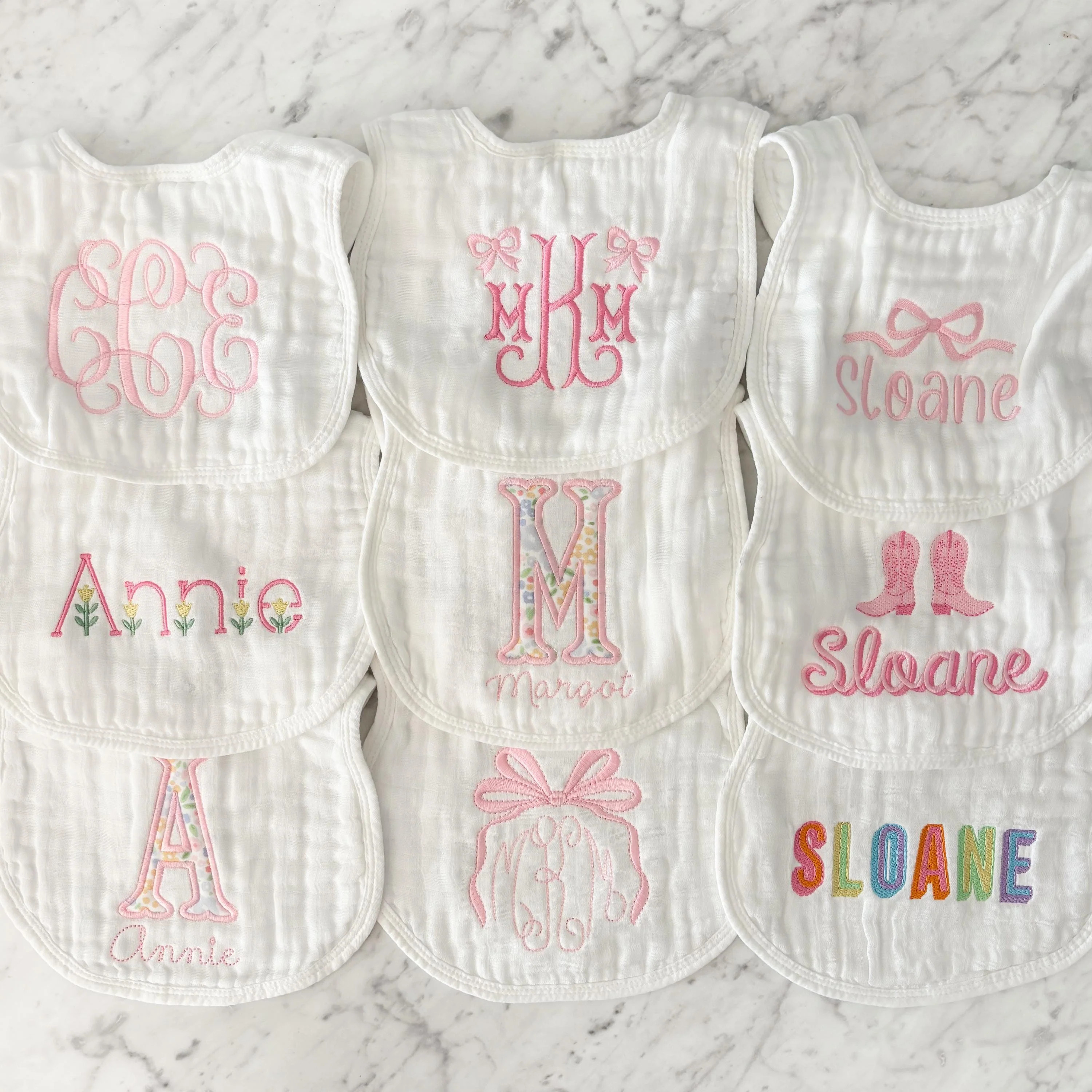 Baby Girl Custom Embroidered Muslin Bibs and Burp Cloths | Sarah Slusher Designs