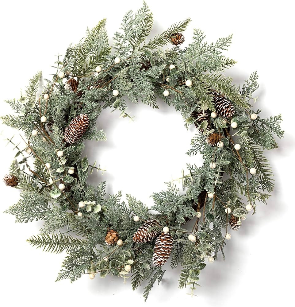 LOHASBEE Artificial Christmas Wreath, 24"/60 cm Pine Cone Grapevine Flocked Glitter Fir Wreath wi... | Amazon (CA)