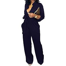 Women Jumpsuits For Elegant Sexy V Neck Long Sleeve Casual for Work Wide Leg Pants with Pockets B... | Amazon (US)