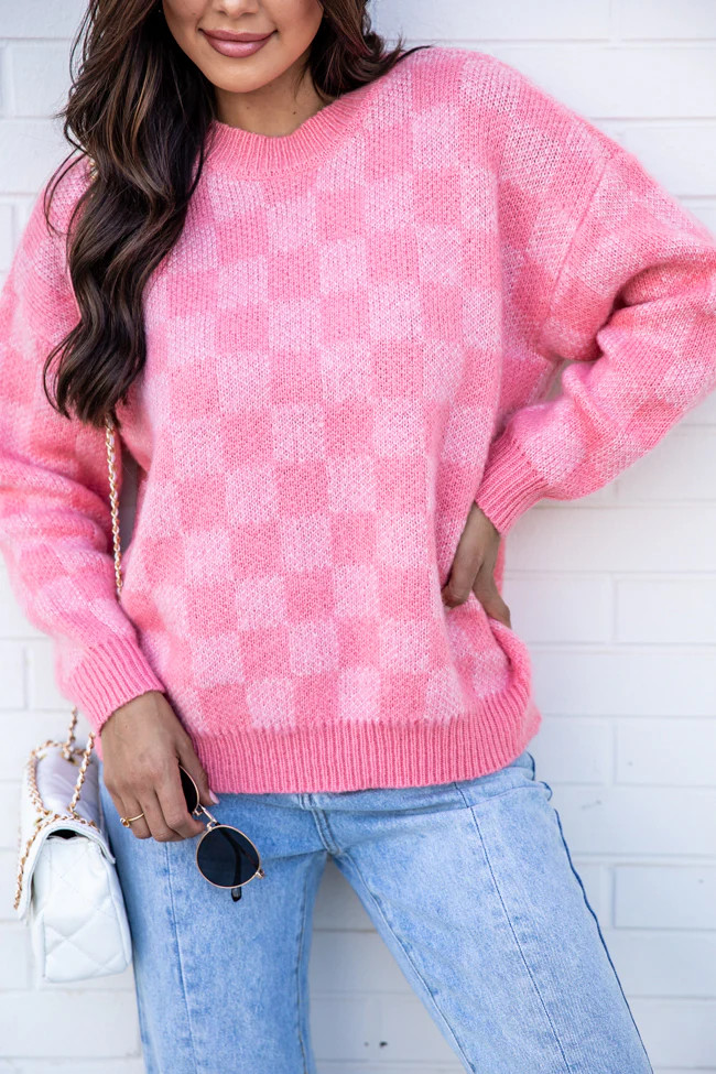 Time To Shine Pink Checkered Sweater DOORBUSTER | Pink Lily