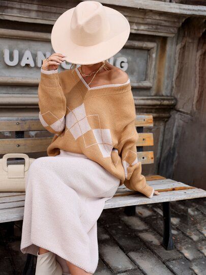 Drop Shoulder Argyle Pattern Sweater & Knit Skirt | SHEIN