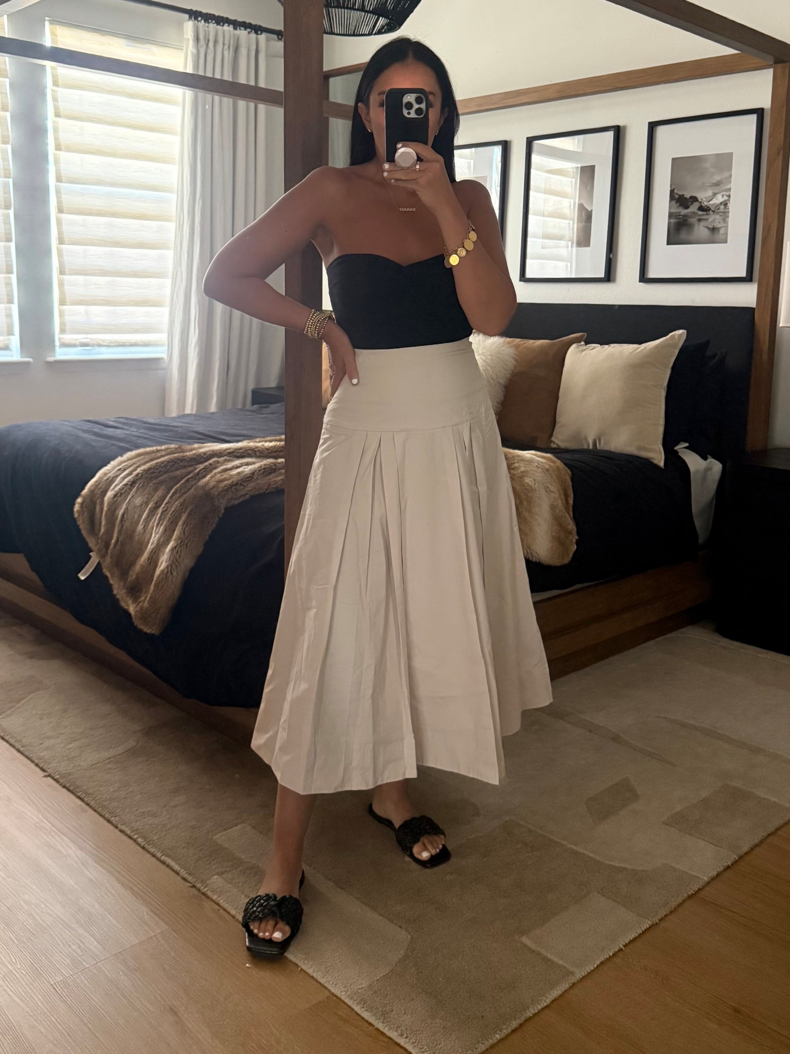 Chandelier Poplin Skirt wearing size 6. Strapless Sleeveless Tank Top wearing size medium.
