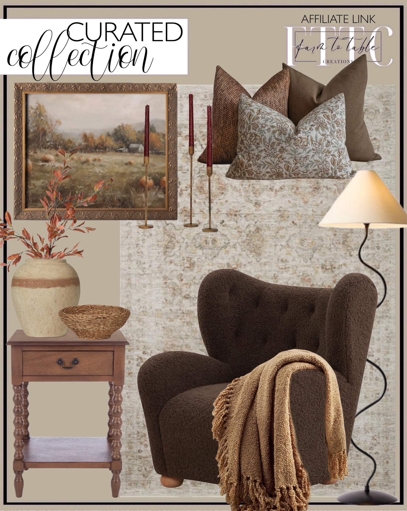 Curated Collection. Follow @farmtotablecreations on Instagram for more inspiration.

Dantas Wingback Accent Chair. Solid Wood Top End Table with Storage. Hackner Home Pillow Covers. West Elm Zig Zag Floor Lamp. Amber Lewis x Loloi Honora Beige / Spice Area Rug. Pumpkin Patch Art Print Autumn Oil Painting. Holmes Taper Candle Holder. Paisleigh Vessel Amber Interiors. Sofia Round Seagrass Basket. 48" FAUX DRIED CHOKEBERRY FALL FOLIAGE STEM BRANCH - DRIED ORANGE RED. Dreamy Handwoven Fringe Throw Pottery Barn  

Fall Decor | Living Room Decor | Cozy Decor | Fall Stems | Vintage Inspired Decor | 




#LTKSaleAlert #LTKFindsUnder50 #LTKHome