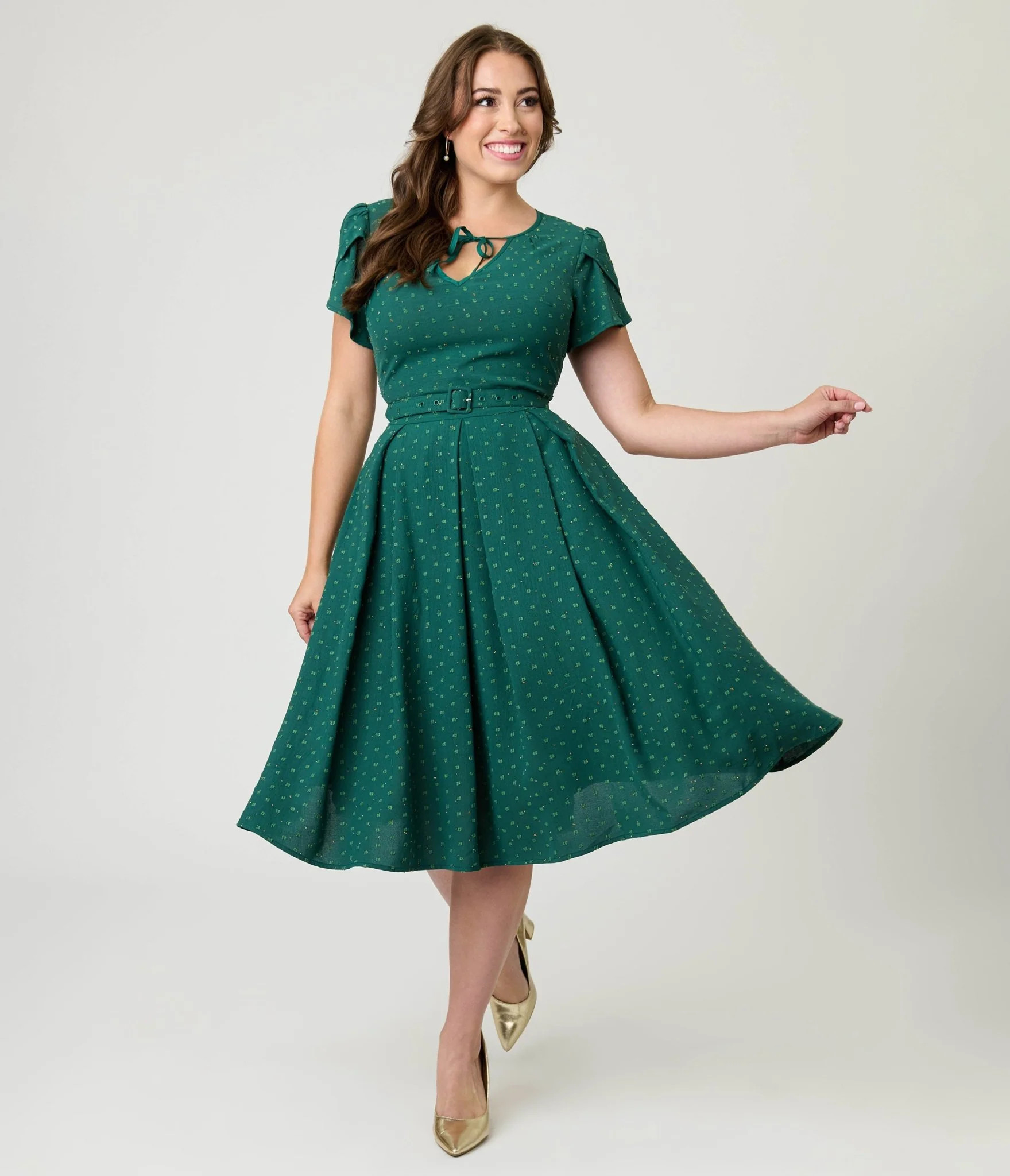 Unique Vintage Emerald & Gold Drop Dahlia Swing Dress | Unique Vintage - North America
