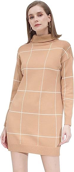 CHICWISH Women's Comfy Casual Tan White Contract Grid Turtleneck Knit Pullover Sweater Dress | Amazon (US)