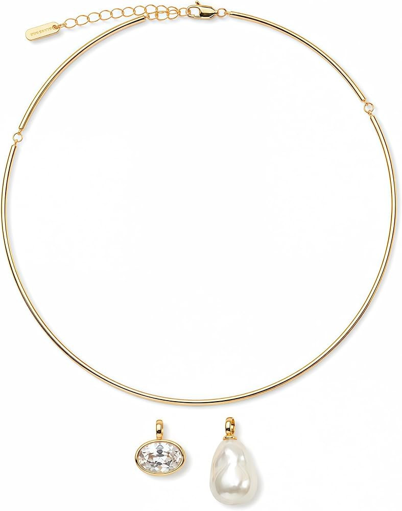 Gold Collar Necklace for Women, Cuff Style with Removable CZ & Baroque Pearl Pendants, 14K Gold P... | Amazon (US)