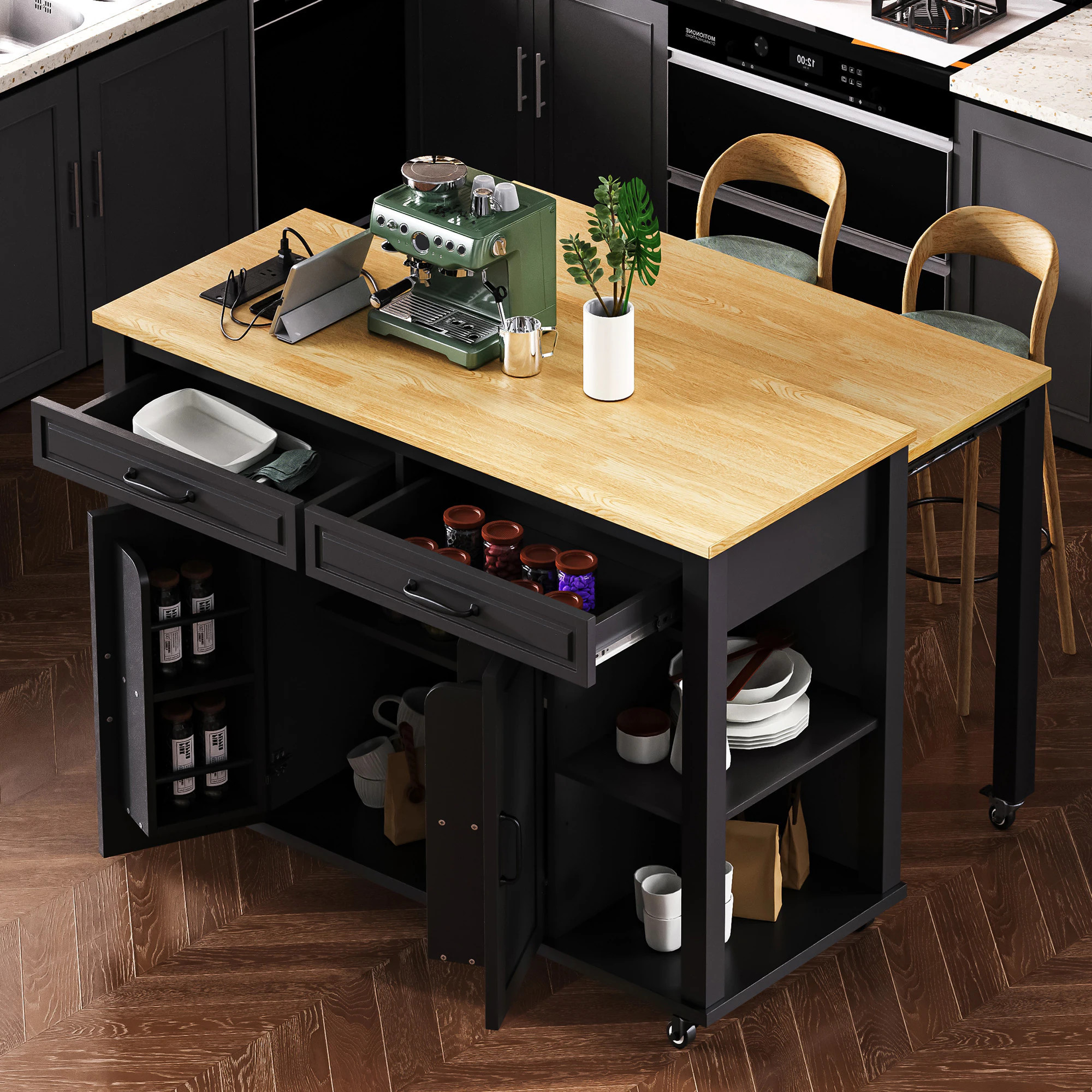 ModernLuxe 47 inch Kitchen Island with Extendable Dining Table Rubber Wood Veneer Kitchen Table with Internal Storage Rack Power Outlet Kitchen | Lowe's