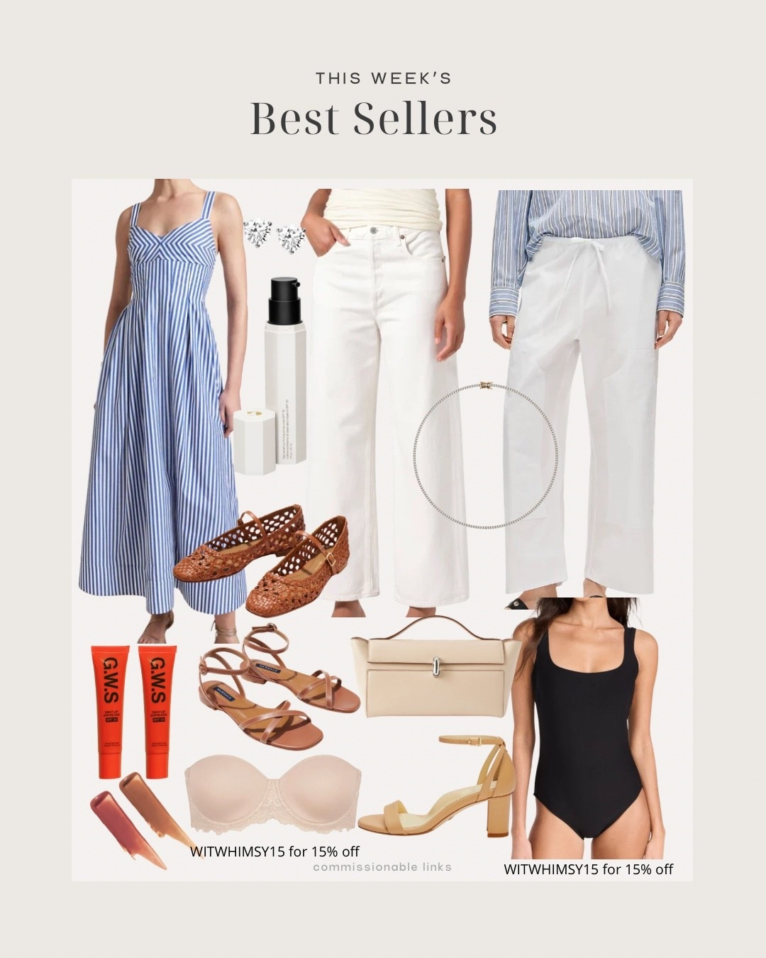This week’s bestsellers!
White pants
Striped dress
Woven Mary Jane’s
SPF
Sculpting swimsuit 
Top handle bag
Strapless bra
SPF lip gloss
Ankle wrap sandals
Moissanite studs

#LTKSeasonal