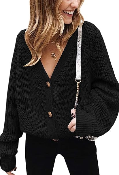 Angashion Women's V Neck Button Down Long Sleeve Cable Knit Cardigan Sweaters Outerwear Tops | Amazon (US)