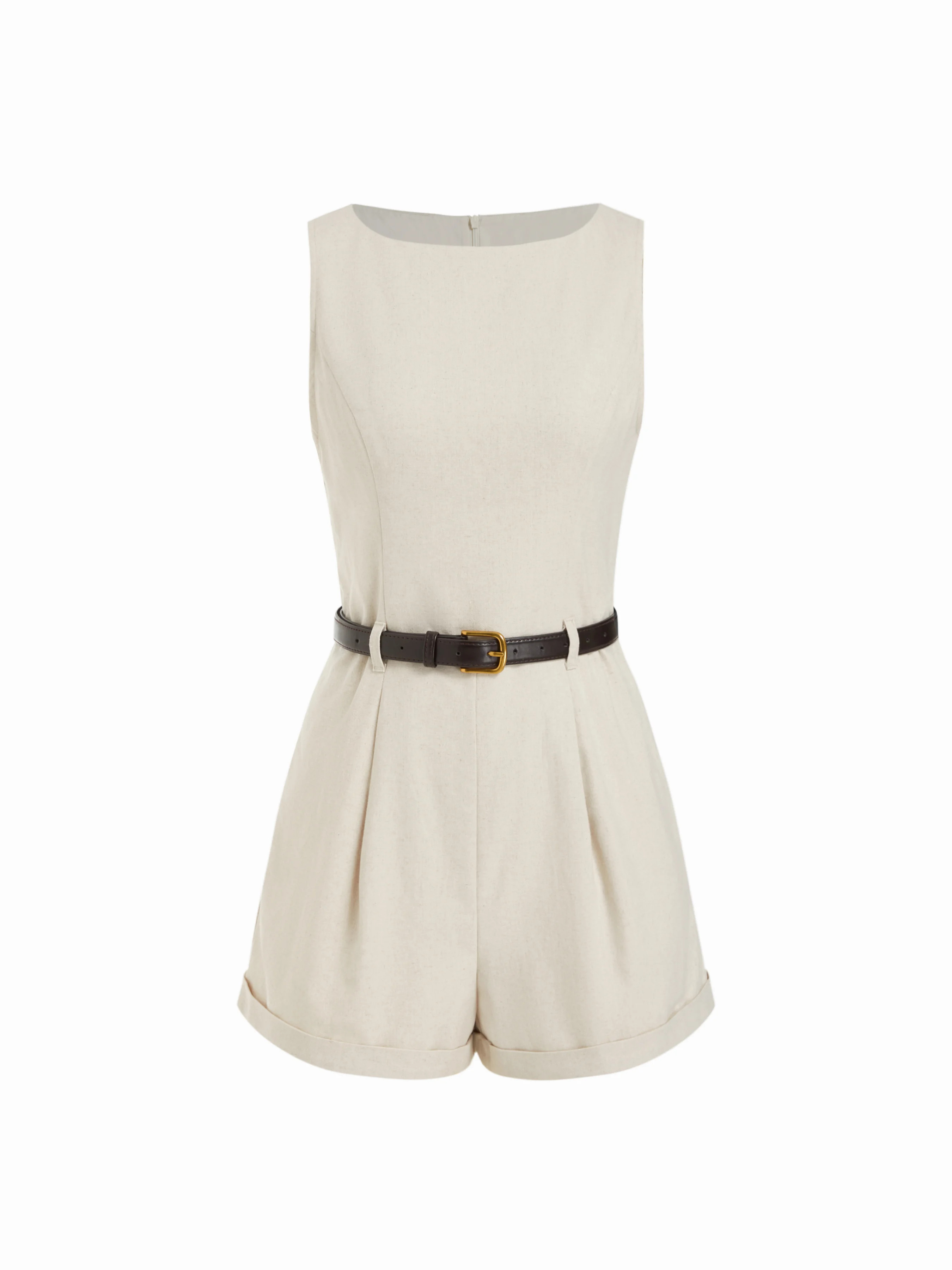 Linen-blend Boat Neck Mid Rise Romper With Belt | Cider