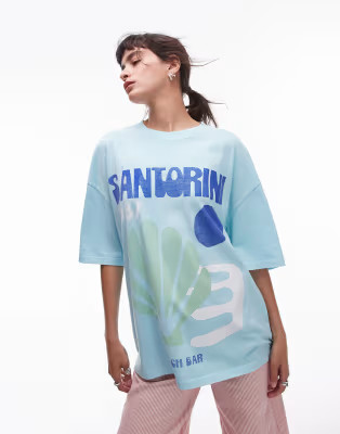 Topshop graphic Santorini art oversized tee in blue | ASOS (Global)