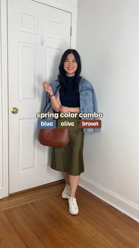 Denim jacket (SP)
Navy top (XS)
Olive green skirt (S)
Brown bag
White sneakers (TTS)
Spring outfit
Casual outfit
Weekend outfit

#LTKSeasonal #LTKstyletip #LTKfindsunder100
