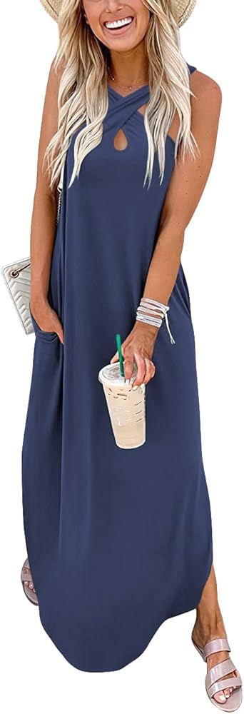Prinbara Women's Casual Loose Sundress Long Dress Crisscross Sleeveless Split Maxi Dresses Summer Be | Amazon (US)