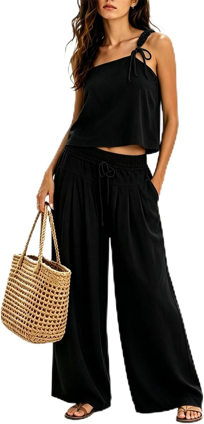 2 Piece Sets for Women Summer Vacation Lounge Wide Leg Pant with Pockets Suits Matching Sets Trav... | Amazon (US)