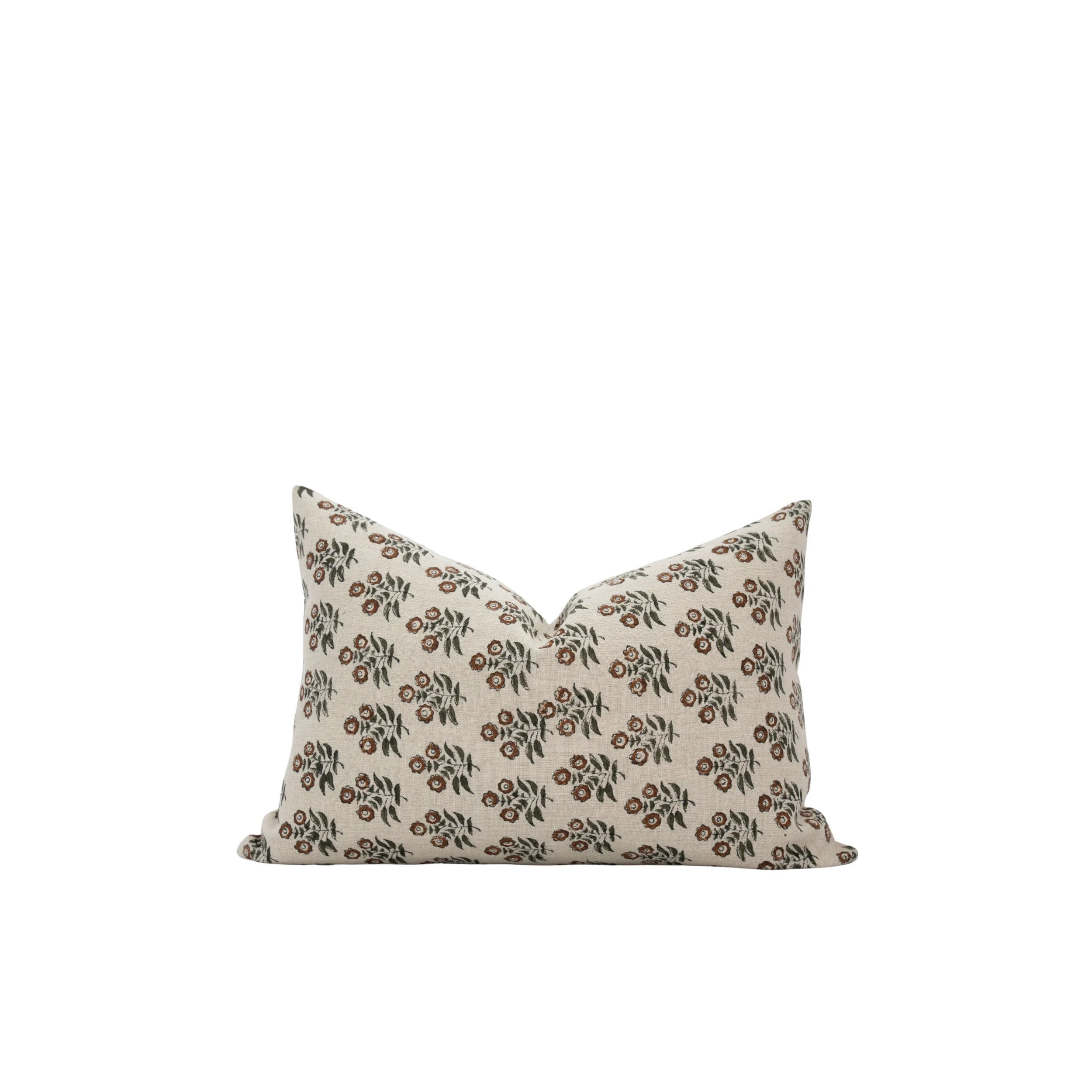 GRACIE || Green and Brown Floral Linen Pillow Cover Brown Block Print Pillow Floral Lumbar Modern Farmhouse Pillow Spring Floral Pillow | Etsy (Global)