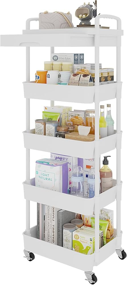 Calmootey 5-Tier Rolling Utility Cart with Drawer,Multifunctional Storage Organizer with Plastic ... | Amazon (US)