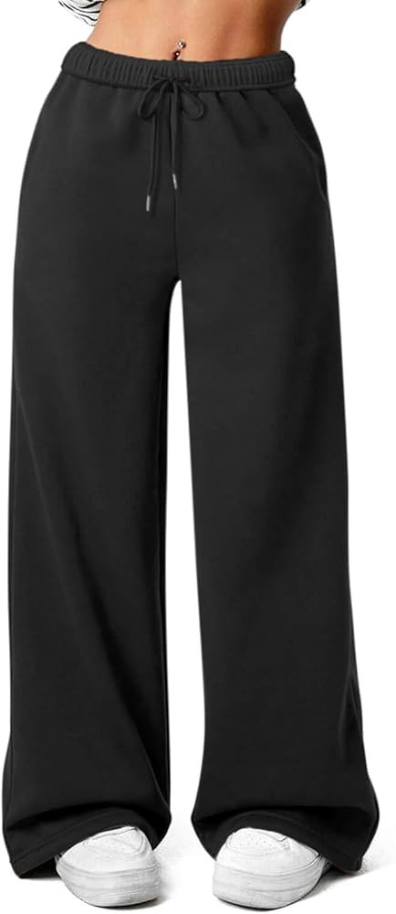 Women's Fleece Wide Leg Sweatpants Baggy Straight Leg Sweat Pants with Pockets | Amazon (US)