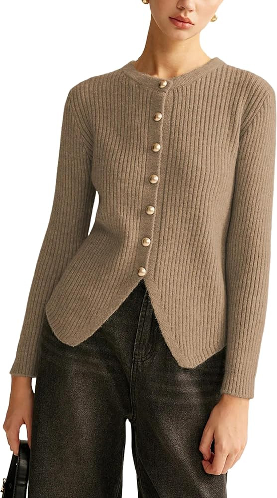 Yeokou Women's Split Cardigan Gold Button Down Cable Knit Fall Winter Sweater Knitwear | Amazon (US)