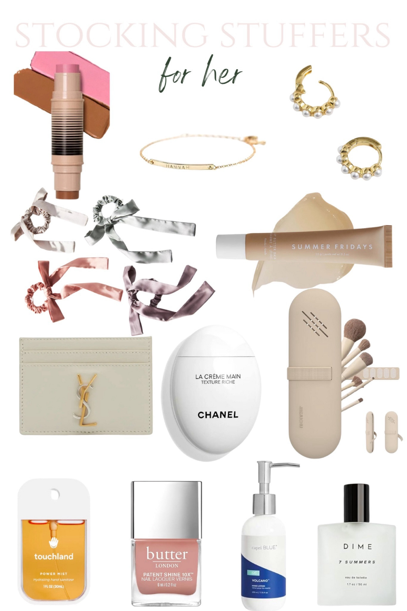 Stocking stuffers for her, dibs, makeup beauty; lip balm, lotion, wallet, nail polish, makeup brushes gold jewelry, lotion perfume 

#LTKSeasonal #LTKGiftGuide #LTKHoliday