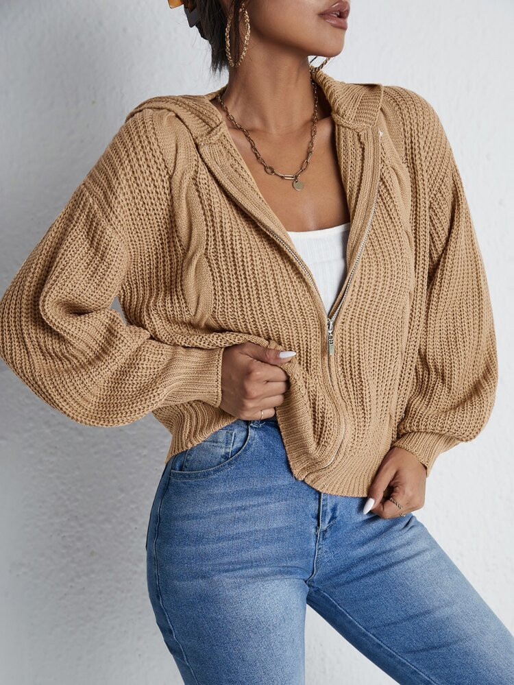 Drop Shoulder Zip Up Hooded Cardigan | SHEIN