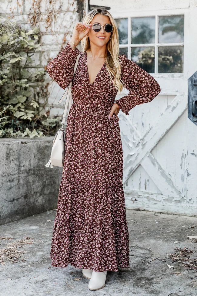 Should've Seen It Coming Brown Floral Long Sleeve Maxi Dress | Pink Lily
