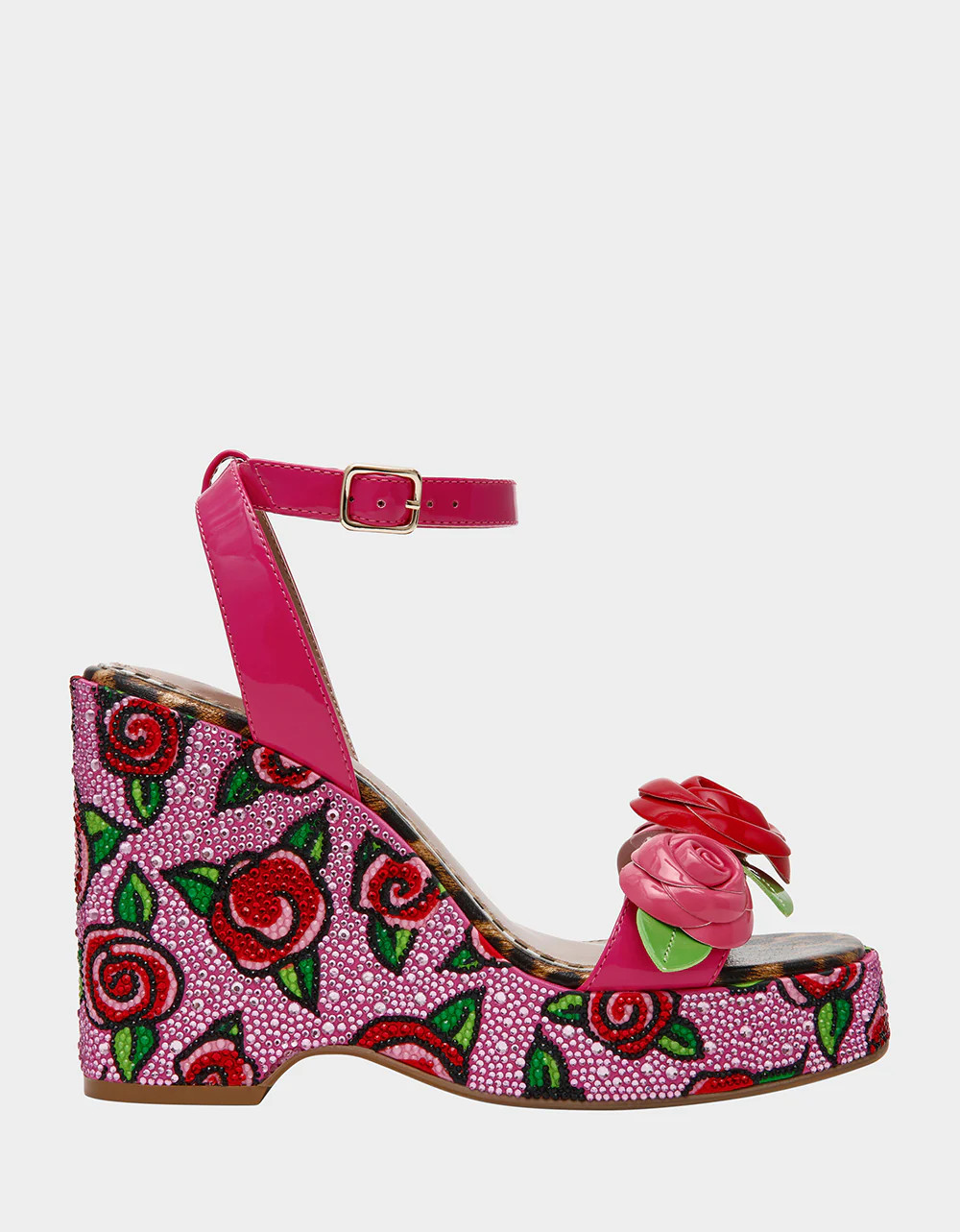 LIZZETE Fuchsia Rose Platform Flowers Embellished Women's Wedge Heel | Betsey Johnson