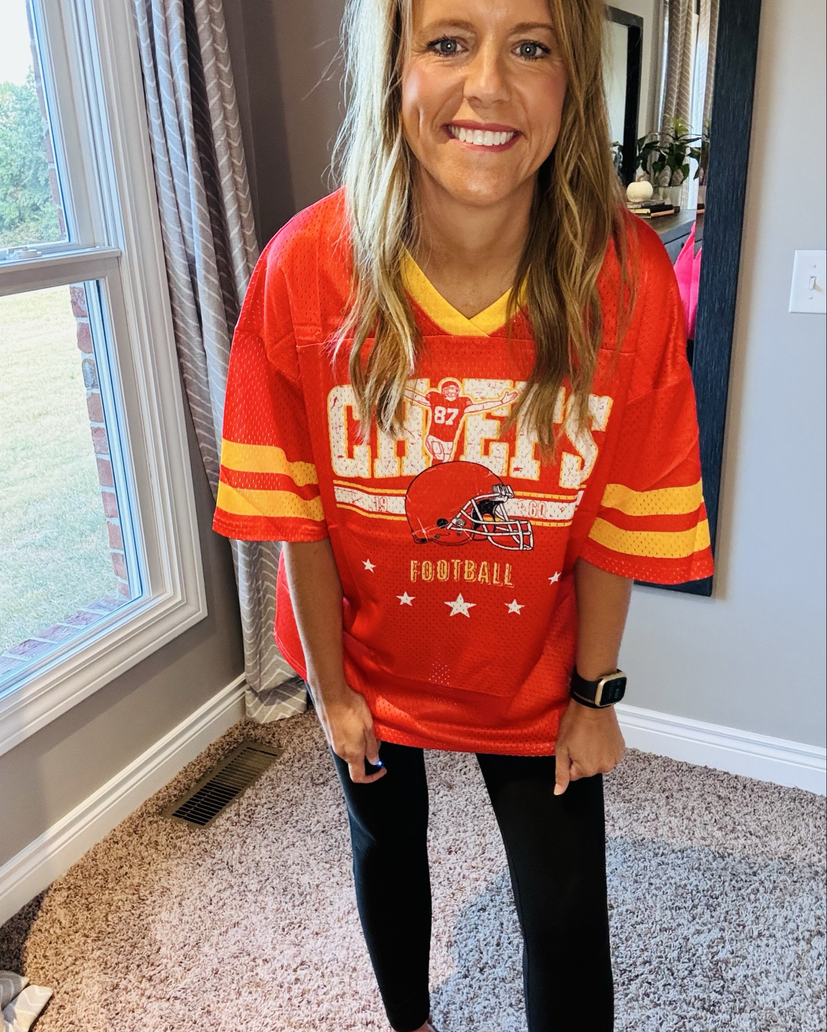 Game day looks never looked so good! ❤️💛 Whether you’re cheering from Arrowhead or from the couch, I’ve got you covered with two fun Chiefs-inspired outfits:

➡️ Outfit 1: A bold oversized Chiefs jersey paired with classic black leggings – comfy, sporty, and perfect for celebrating every touchdown! 🏈🔥

➡️ Outfit 2: A cropped football patch jacket layered over a white tank, black leggings, and sneakers – casual, cute, and game-day ready while still keeping it chic. 🙌

Both looks are perfect for repping KC in style! Shop them now! 🖤

#ChiefsKingdom #GameDayStyle #LTKfit #LTKstyle #LTKunder50

#LTKShoeCrush #LTKActive #LTKStyleTip
