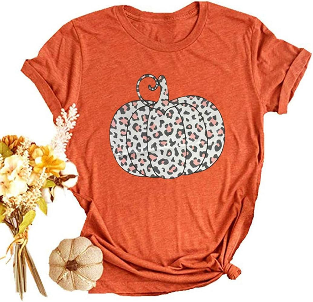 Woffccrd Womens Funny Leopard Pumpkin Printed Shirts Halloween Short Sleeve Graphic Tees Fall T-Shir | Amazon (US)