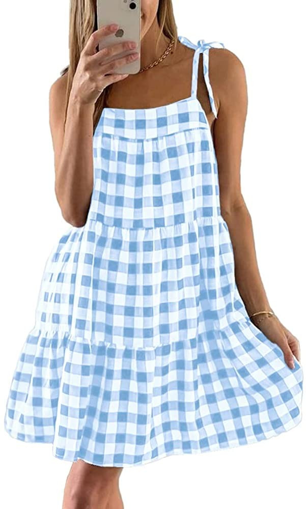 Potany Women's Summer Dresses Spaghetti Strap Mini Dress Plaid Tiered Ruffle Loose Short Flowy Pl... | Amazon (US)