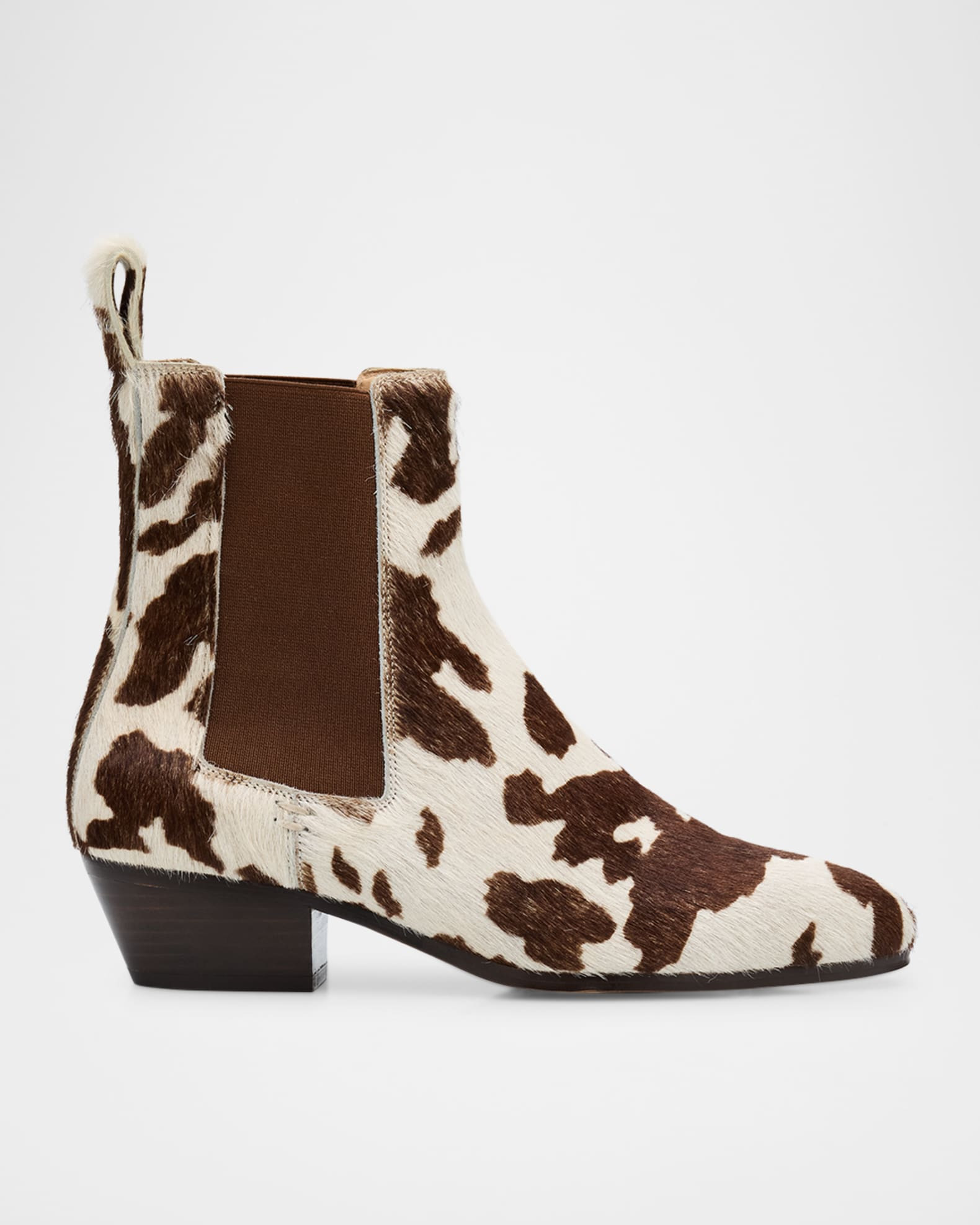 Ella Cow-Print Pony Hair Chelsea Booties | Neiman Marcus