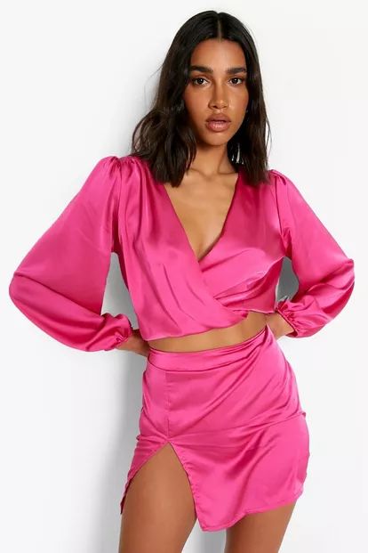 Satin Wrap Blouse & Split Mini Skirt | Boohoo.com (US & CA)