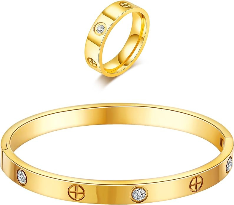 18K Gold Plated Bracelet Ring Set - Stainless Steel Cuff Bangle with CZ Stones | Amazon (US)