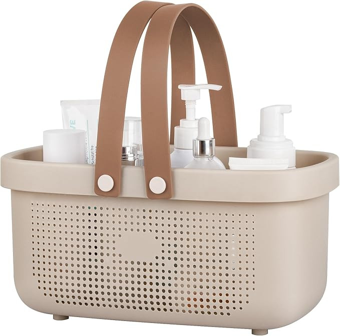 Portable Shower Caddy Basket with Handles Plastic Storage Basket Beige | Amazon (US)