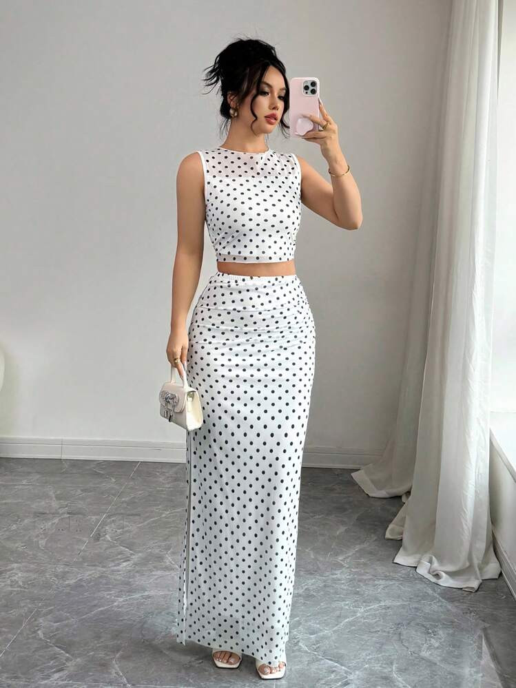 Selianne 2pcs Women Elegant Polka Dot Mesh Print Ruched Sleeveless Crop Top & Skirt Set | SHEIN