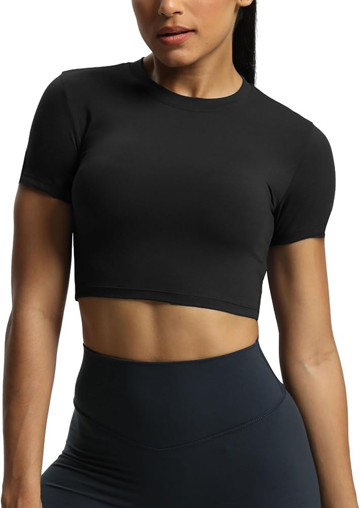 Aoxjox Short Sleeve Crop Tops for Women Classic Longline Baby Tee Workout T Shirt Top | Amazon (US)