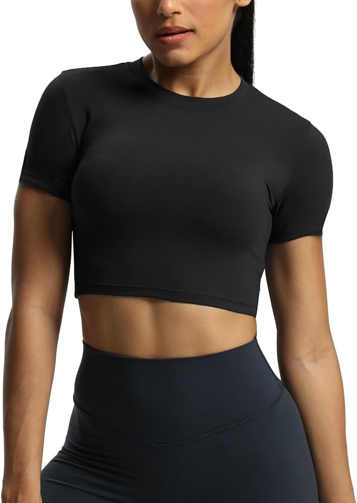 Aoxjox Short Sleeve Crop Tops for Women Classic Longline Workout Crop T Shirt Top | Amazon (US)