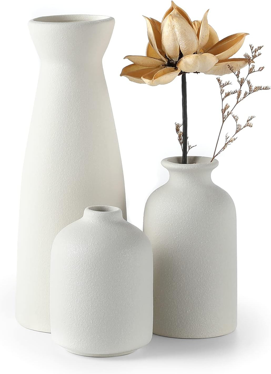 CEMABT White Ceramic vase Set-3 Small Flower vases for Decor,Modern Boho Farmhouse Home Decor,Decorative vase for Pampas Grass&Dried Flowers,idea Shelf,Table,Bookshelf ，Entryway- Distressed | Amazon (US)
