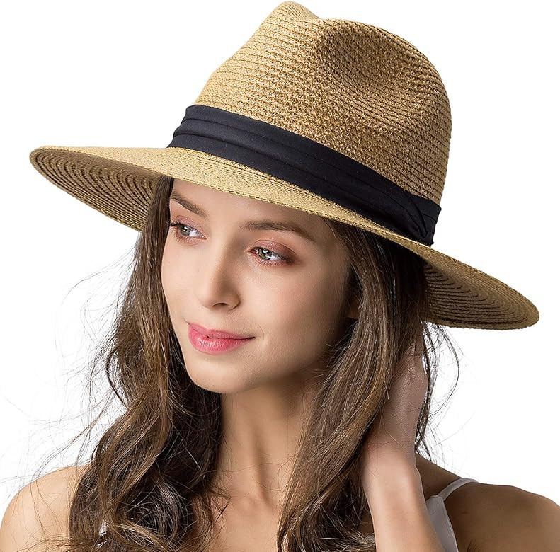 Womens Mens Wide Brim Straw Panama Hat Fedora Summer Beach Sun Hat UPF Straw Hat for Women | Amazon (US)