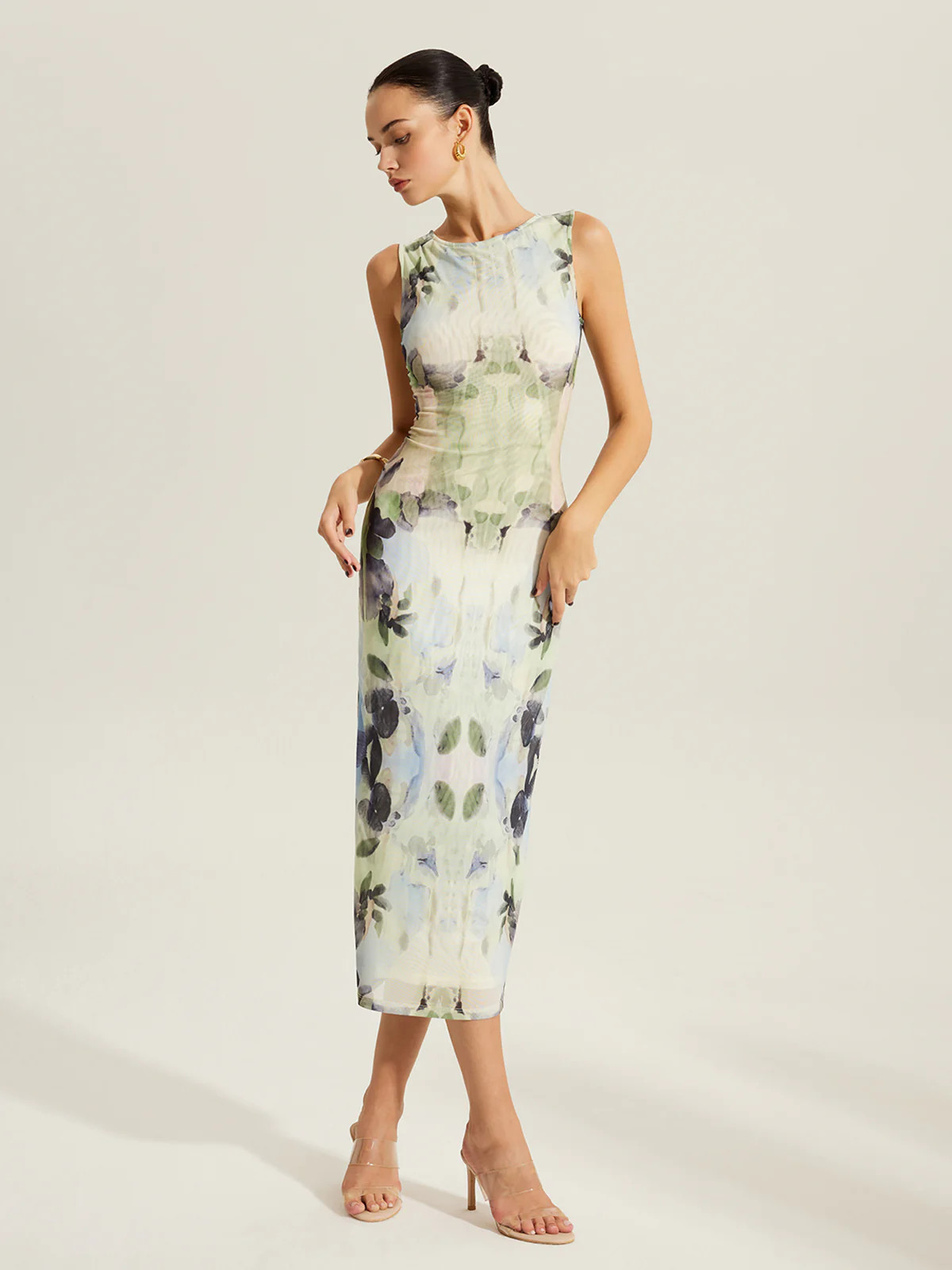 Floral Print Sleeveless Mesh Dress | Commense