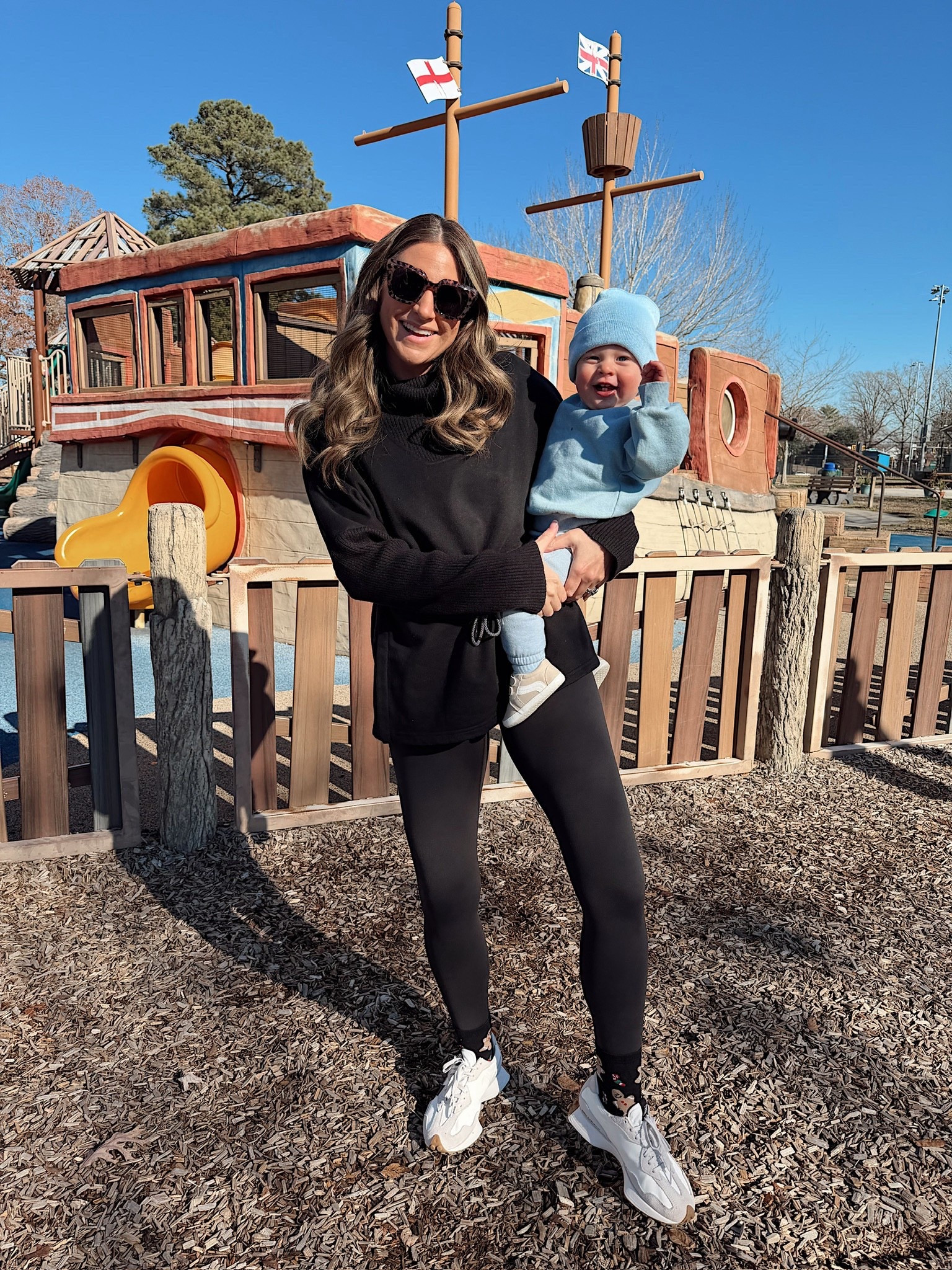 Mommy & mini park ootds! I’m in a large drawstring waist sweatshirt, small leggings, sunglasses, Christmas socks and sneakers - fits tts.

#LTKSeasonal #LTKHoliday #LTKTravel