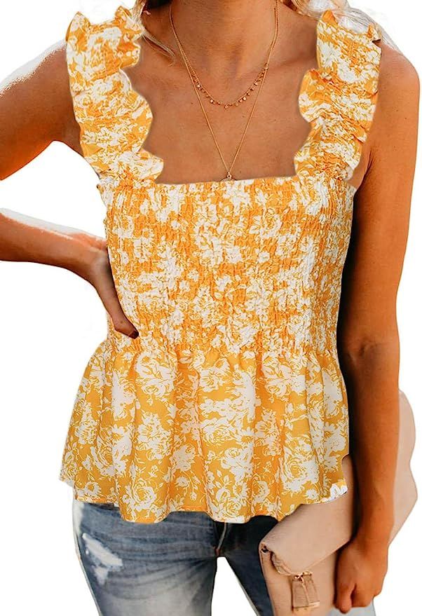 Sidefeel Women Tie Shoulder Frill Smocked Crop Tank Top Strap Vest | Amazon (US)