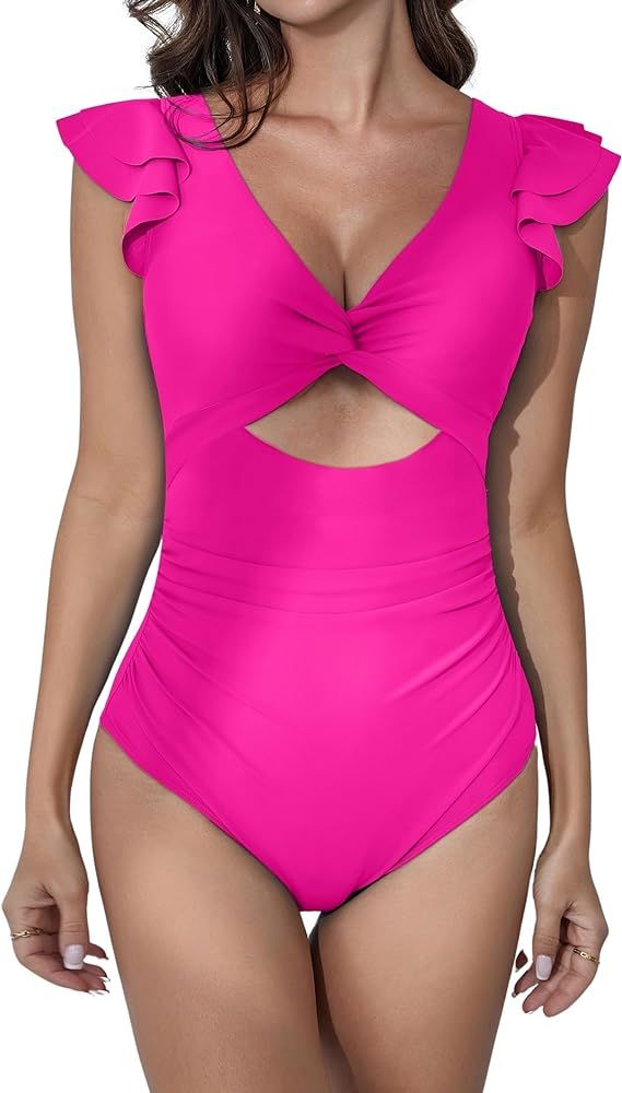 B2prity Women's Tummy Control One Piece Swimsuit High Waisted V Neck Bathing Suits Cutout Ruffle ... | Amazon (US)
