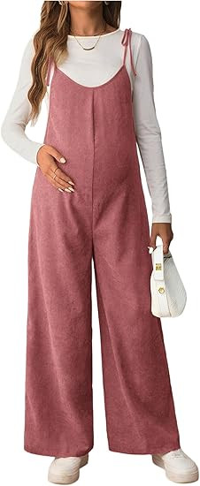 OYOANGLE Women's Maternity Wide Leg Overalls U Neck Spaghetti Strap Pregnancy Jumpsuits | Amazon (US)