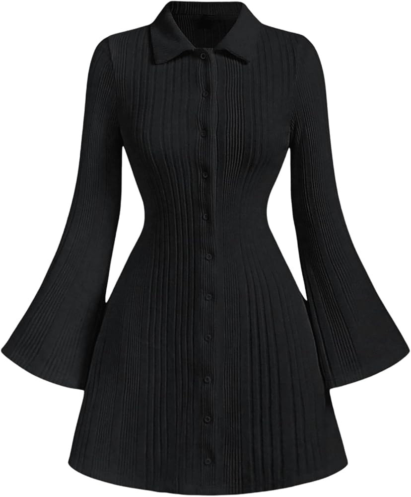 SOLY HUX Women's Button Down Rib Knitted Mini Dress Long Bell Sleeve Flowy Dresses Fall Clothes | Amazon (US)