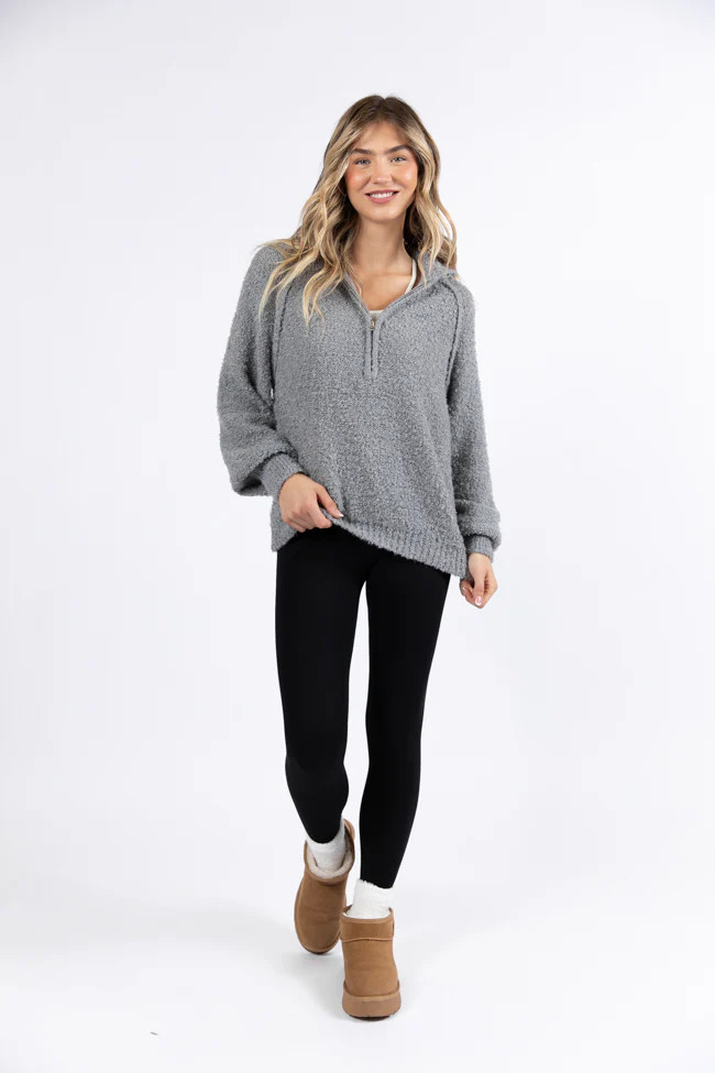 Signature Move Grey Fuzzy Quarter Zip Pullover DOORBUSTER | Pink Lily
