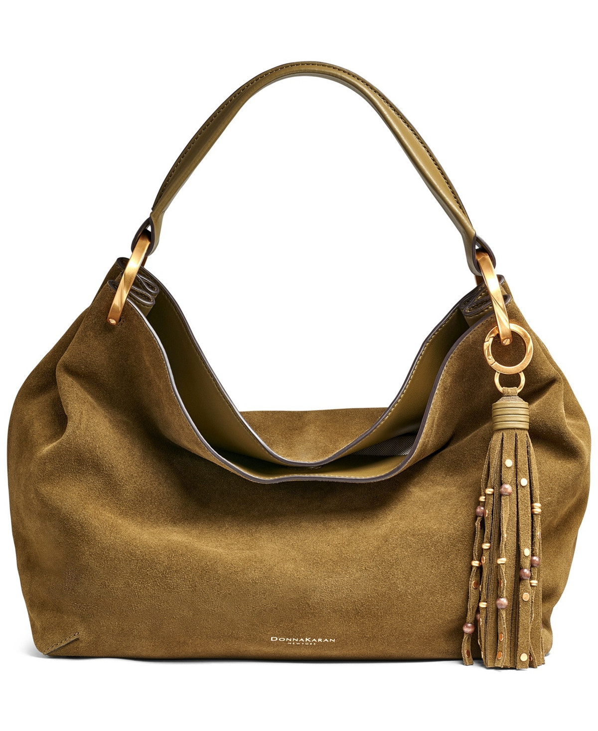 Donna Karan New York Glenwood Suede Shoulder with Beaded Tassel Detail - Smoky Olive | Macy's