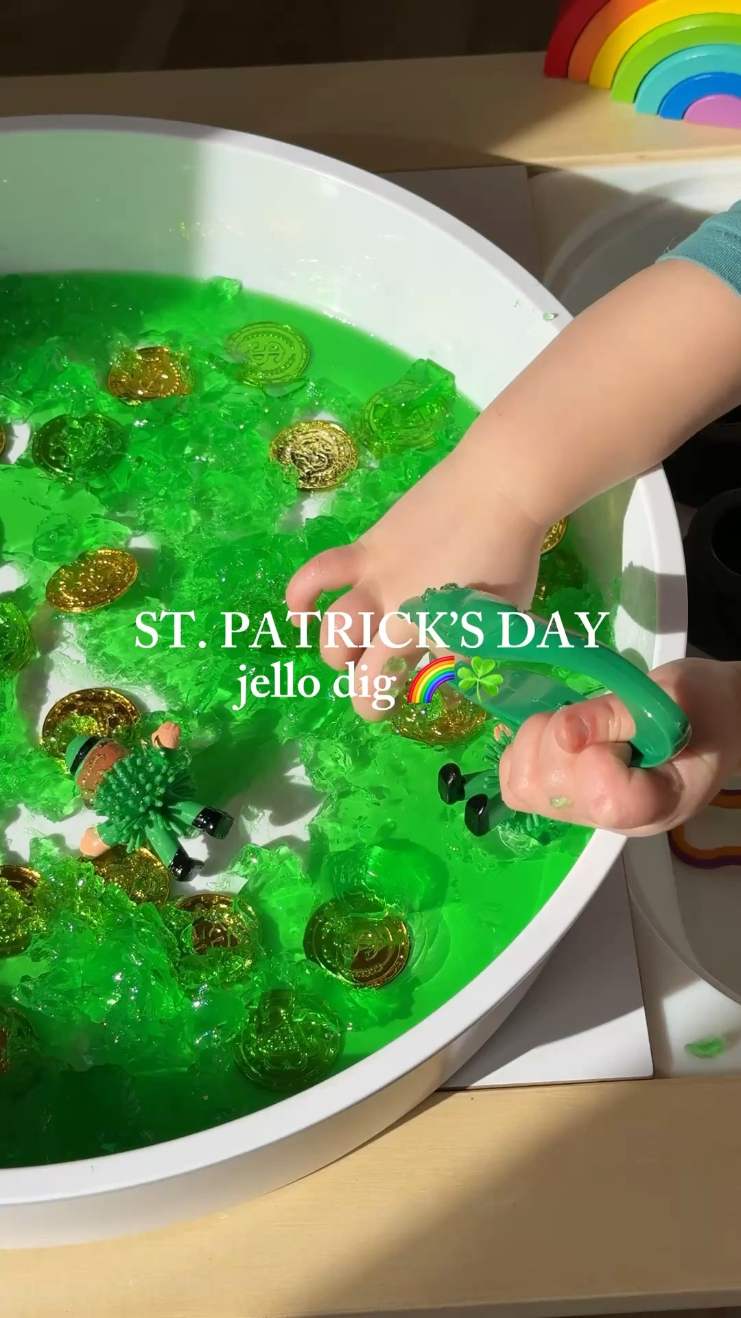 St. Patrick’s Day sensory bin idea for toddlers 🍀🌈

This was such an easy activity to set up! I made Jello according to the box instructions, added gold coins, little leprechauns, and a pot of gold, then let it set in the fridge overnight.

My toddler had the BEST time digging through the Jello to find all the hidden coins. Sensory play like this is one of our favorite ways to celebrate holidays while building fine motor skills and encouraging open-ended play.

If you’re looking for a simple St. Patrick’s Day activity for toddlers, this one kept her busy for so long! Linking everything I used . ✨

#ltk #ltkfamily #ltkhome #ltkcreator #stpatricksdayactivities #toddleractivities #sensoryplay #sensorybin #toddleractivity #momlife #toddlerfun #holidayactivitiesforkids

#LTKKids #LTKmomlife #LTKSeasonal