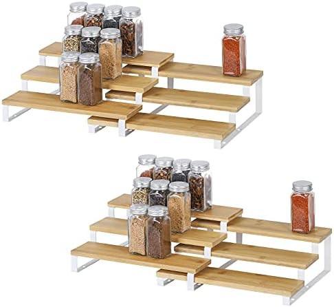 MOOACE 3 Tier Expandable Spice Rack (15.35"-22.2"L), 4 Pack Bamboo Step Shelf Organizer for Cabin... | Amazon (US)