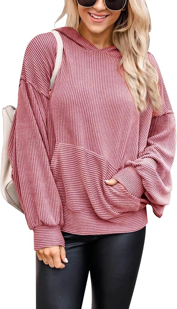 PRETTYGARDEN Women’s Casual Solid Color Long Sleeve Ribbed Pullover Hoodie Sweatshirt Tops With... | Amazon (US)
